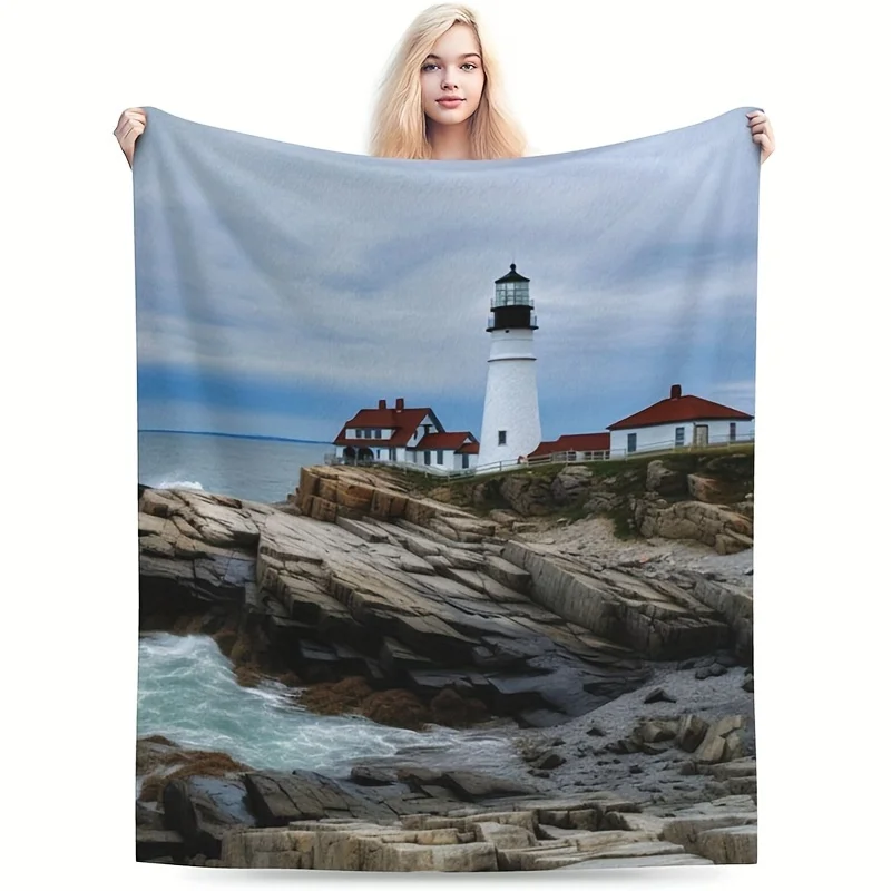 Seaside Lighthouse Freedom Theme Soft Flannel Sofa Blanket TV Throw, 1pc