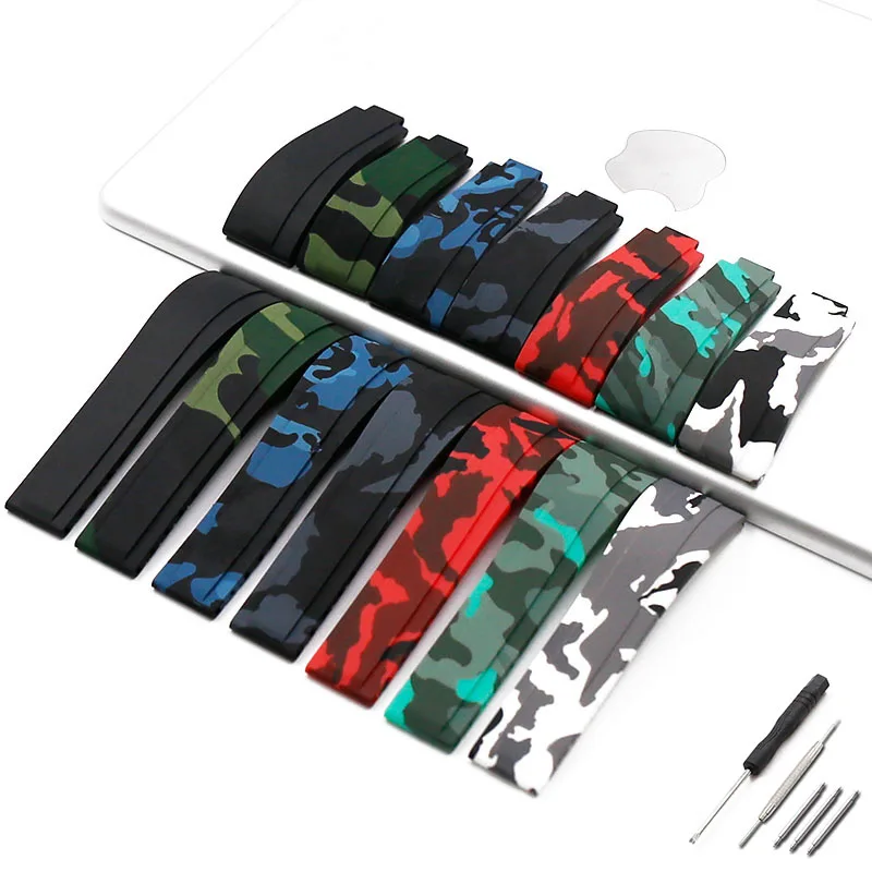 

20mm Men's fluoro rubber watch strap for Rolex Black and Green Water Ghost Yacht GMT Ditona women Camouflage watchband Wristband