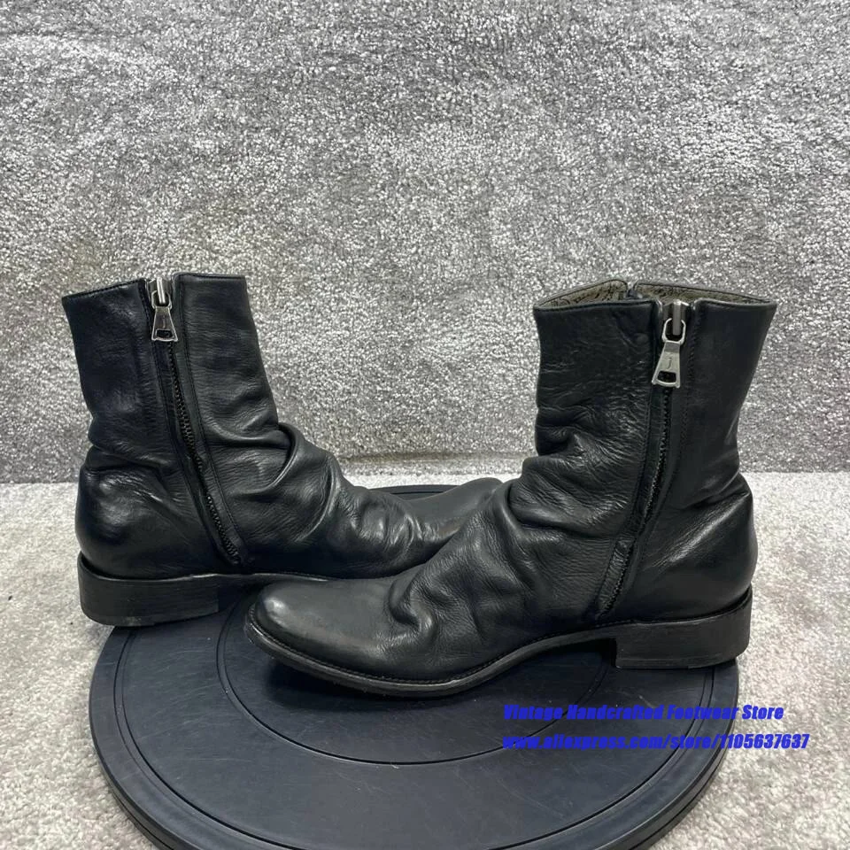 Schwarze Knitter-Lederstiefeletten mit Reißverschluss für Herren Vintage-Lederstiefel mit Niedrigem Absatz Designer Handgefertigte Herrenschuhe