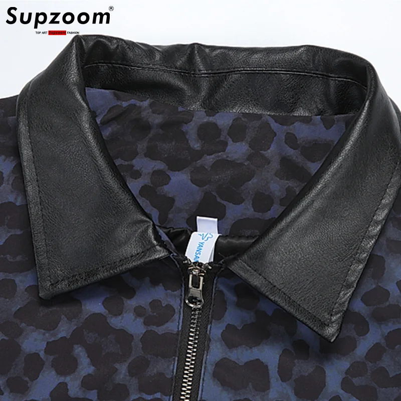 Supzoom New Arrival Casual Popular Trendy Spring And Autumn Fashion High Sense Leopard Print Fake Stitching PU Skin Jacket Men