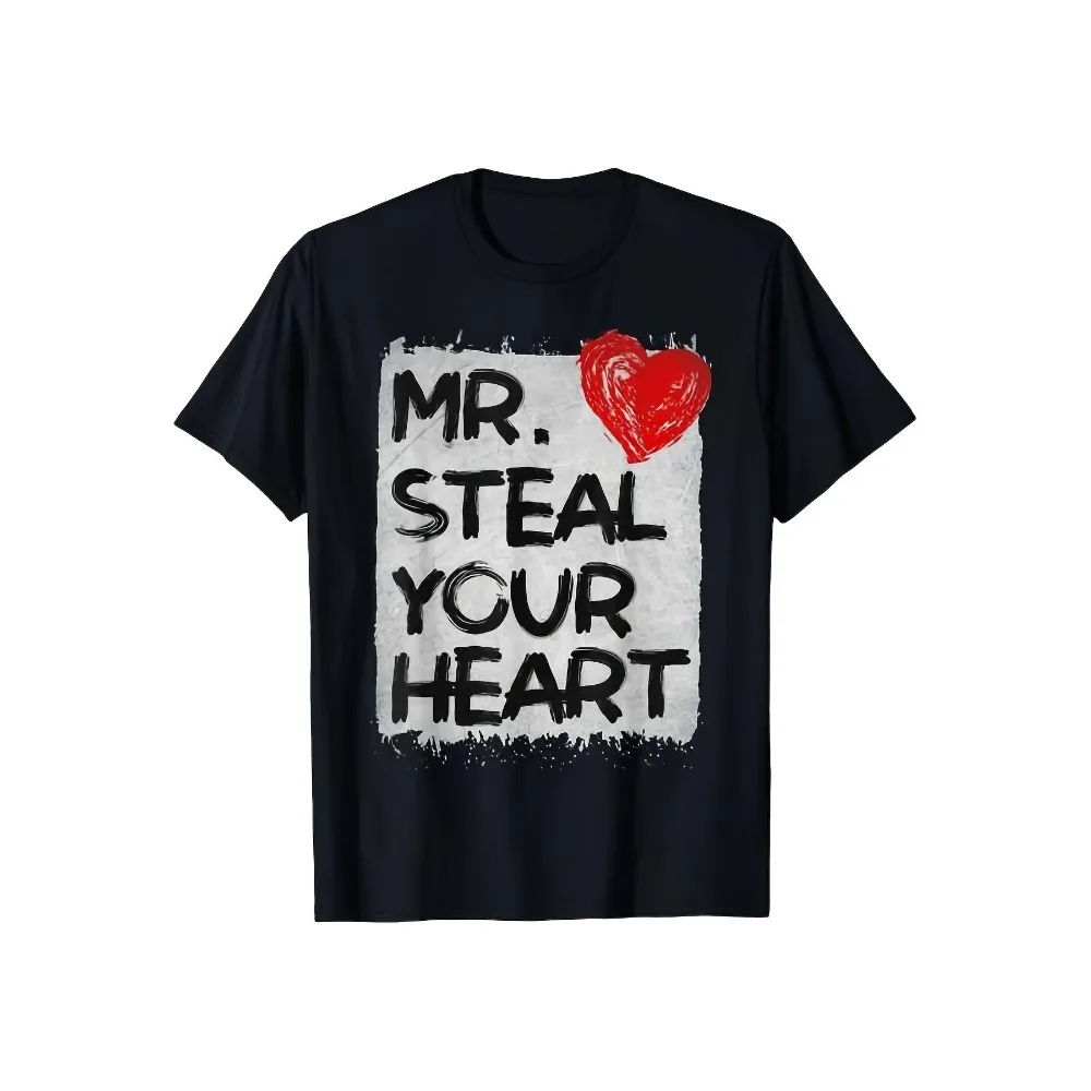 Women Men Funny Valentine's Day Mr Steal Your Heart Graphic T Shirt 220GSM Heavyweight Pure Cotton Retro Vintage Crew Neck Tee Red Heart Print Oversized Casual Short Sleeve Tops, All Season Couple Matching Outfit for Valentine Christmas Halloween Party