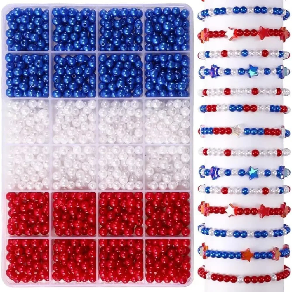 1205 piezas de 6 mm, colores rojo, blanco y azul. Se utiliza para la fabricación de joyas, pulseras DIY, collares, cuentas decorativas y para festivales. par