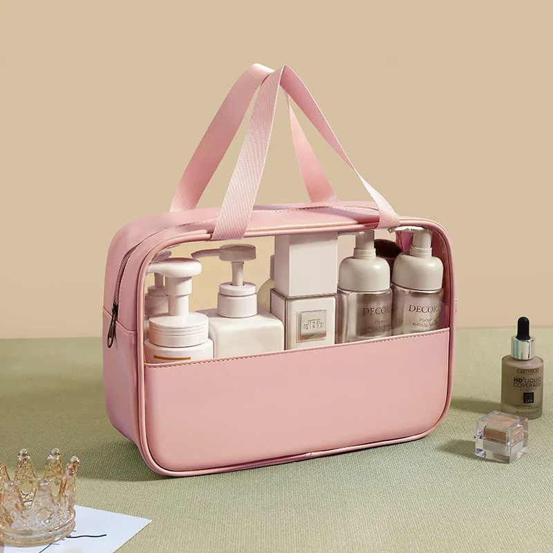 Spliced Cosmetic Bag Semi-transparent PVC Large Capacity Wash Bag Waterproof PU Handheld Portable Travel Storage Pouch Organizer