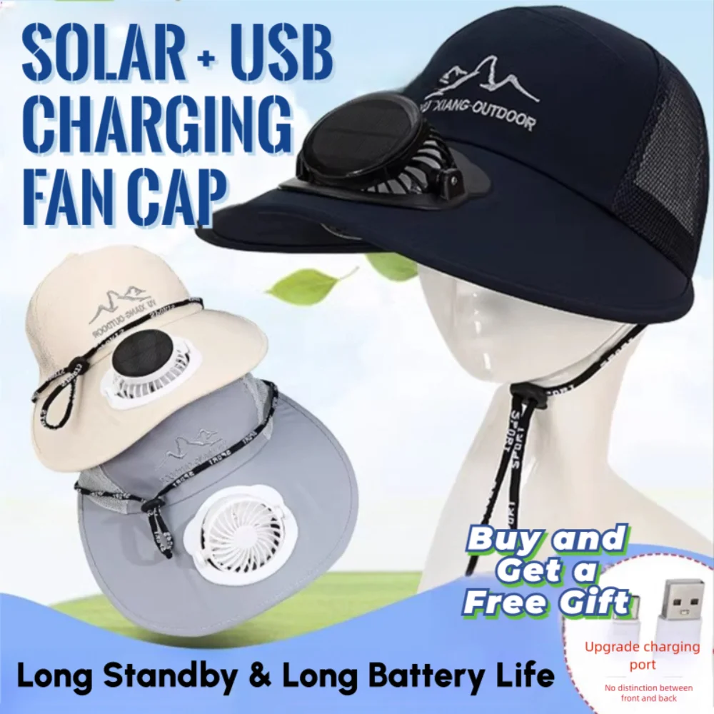 Practical Mesh Sun Hat with Solar Fan Breathable Waterproof Wide Brim Fan Cap Solar Powered Adjustable Solar Cooling Hat Farmer
