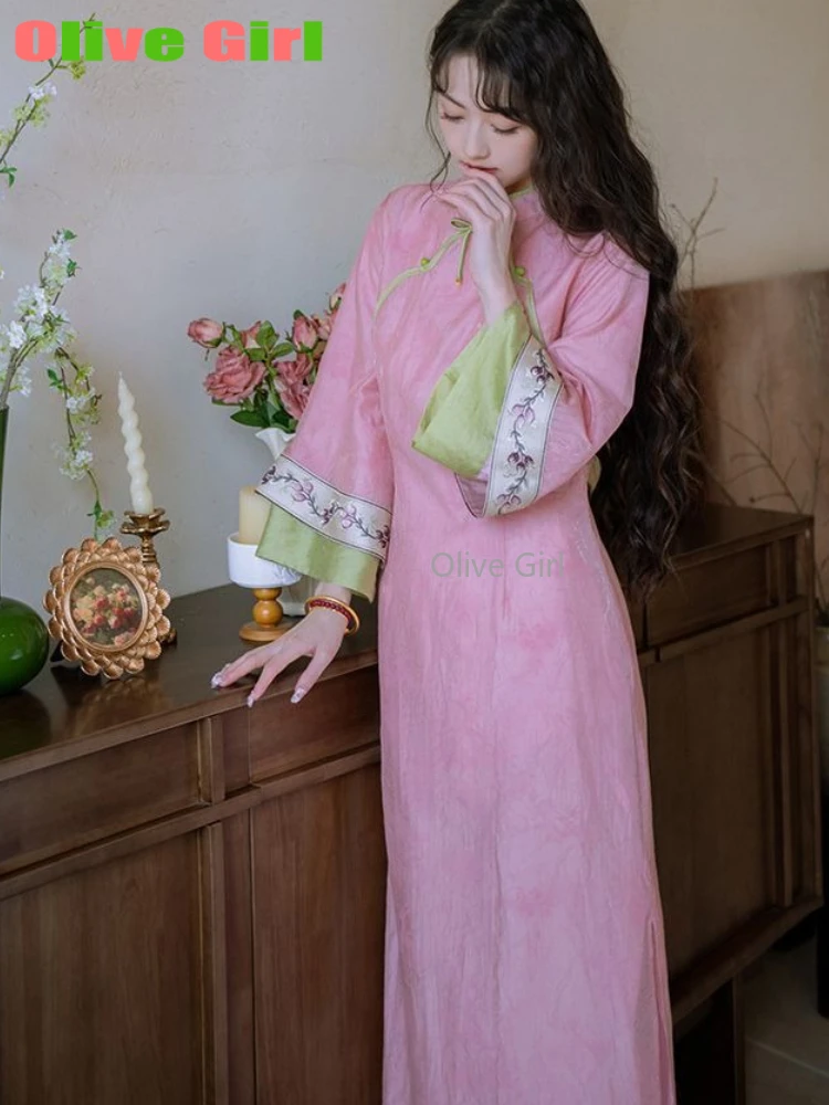 

Платье Qipao, розовое платье Cheongsam для девочек, повседневное двубортное утягивающее платье с вышивкой в китайском стиле, улучшенное платье для женской одежды