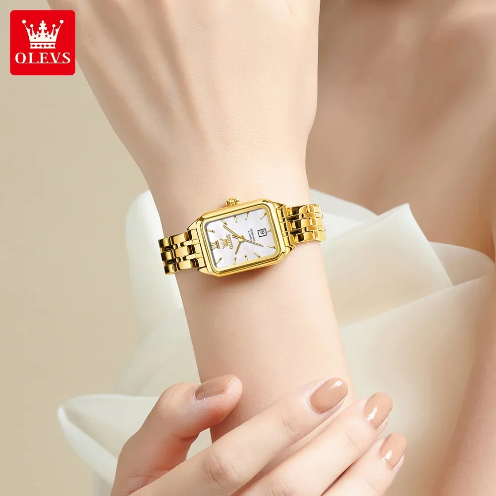 OLEVS Top Luxury Women\'s Watches Retro Square Original Quartz Watch for Girl Waterproof Gold Stainless Steel Strap Luminous Date