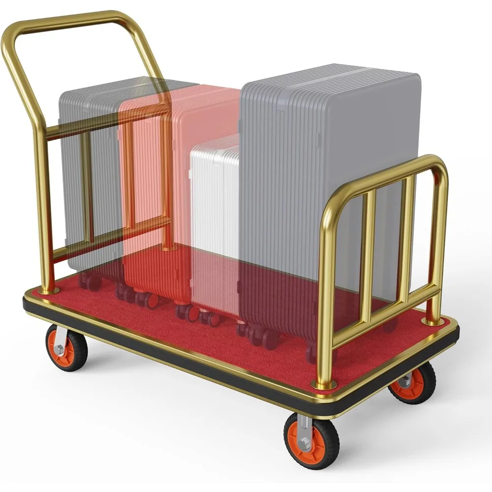 

Gold Hotel Luggage Trolley: 42x24 Bellman Cart with Guardrail and 6-Inch Casters, Supports Up to 850lbs for Easy Transport