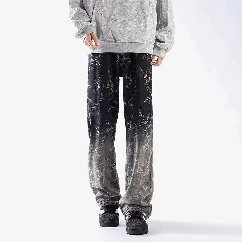 

American High Street adient Print Denim Jeans Men's Cleanfit Straight Leg Slimming Micro Flare Pants mid Waist Cotton Polye...