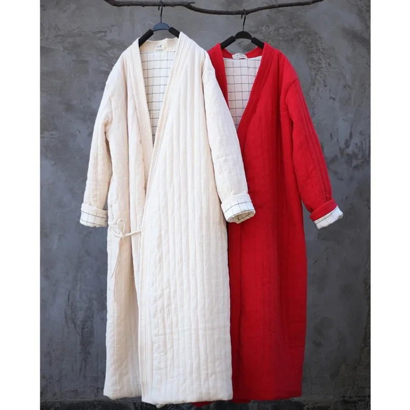 Winter Women Long Cotton Coat Vintage Parkas Loose Cardigan Robe Long Sleeve Lace-up Solid Warm Black Red Winter Clothes New