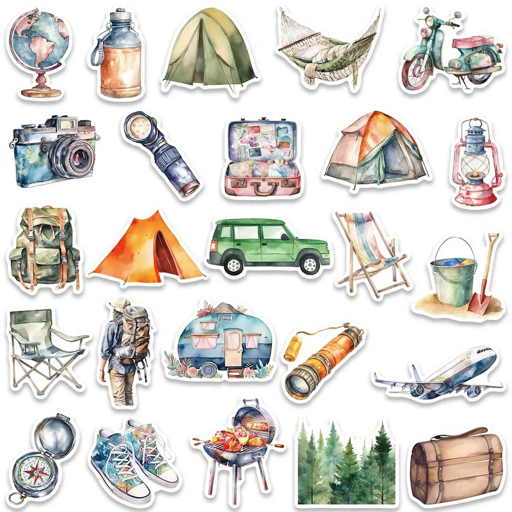 50pcs Cartoon Watercolor Outdoor Travel Camping Stickers For Laptop Phone Luggage Water Bottle Bicycle Car Vinyl Decals