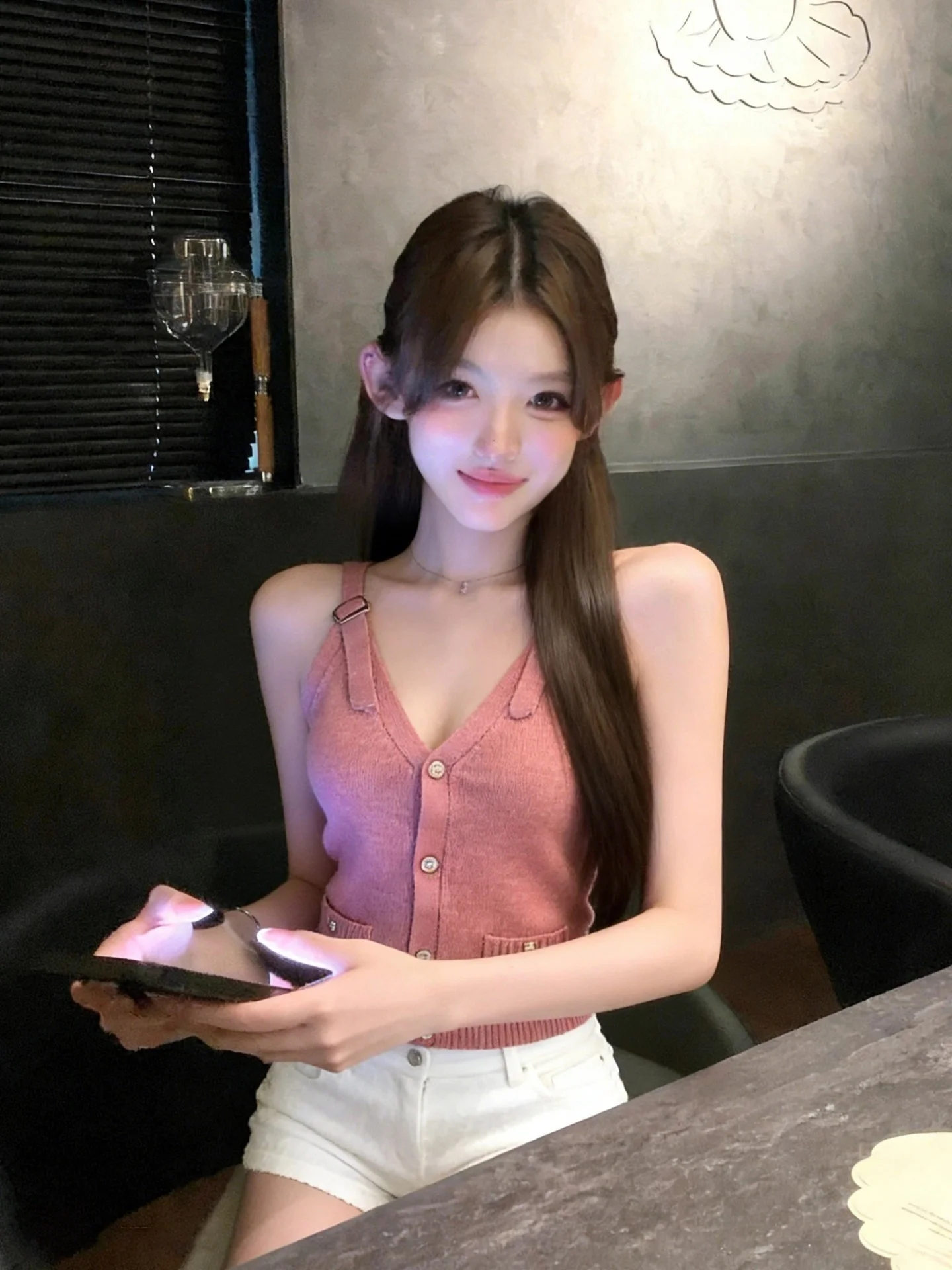 

Pink V-Neck Strap Vest Women's Spring Sexy Pure Desire Inner Wear Outer Wear Slim Fit Very Attractive Top Commute Style