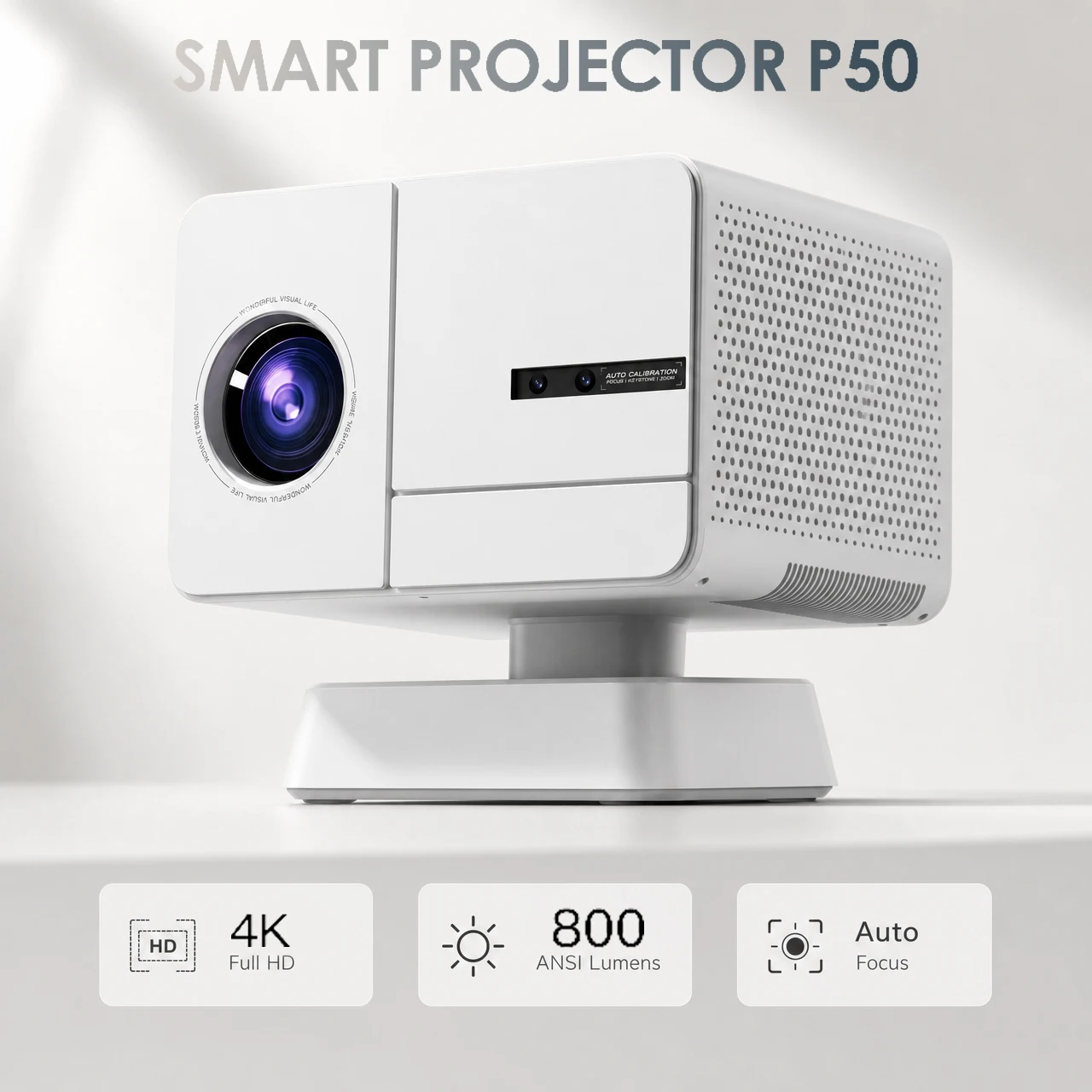 

LINGLAN P50 H723 White Projector, 4K & 1080P Full HD, 800 ANSI Lumens, auto calibration, Android 14, WiFi 6 & BT5.4. Perfect cho