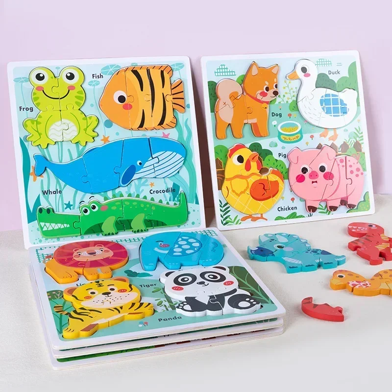 Hölzernes Aufklärungsblock-Puzzle für Kinder, Dinosaurier, Fisch, Auto, Tier, pädagogisches frühes Lernspielzeug, lustiges bestes Geschenk