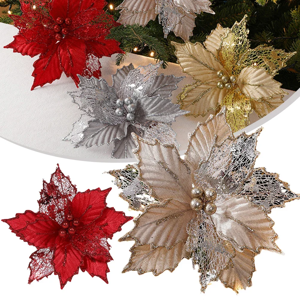 24cm Glitter Artifical Christmas Poinsettia Flowers Xmas Tree Ornament Merry Christmas Decoration Home New Year 2023 Decor