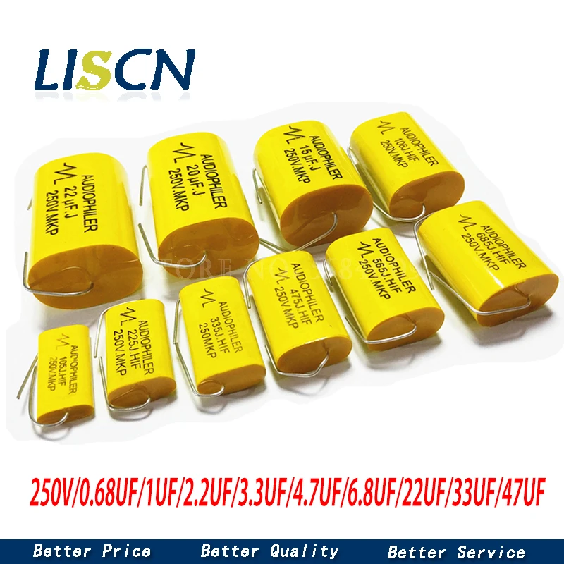 2PCS 0.68uF/2.2UF/3.3UF/4.7uF/6.8UF/8.2UF/22UF/33UF/47UF 250V Tweeter Speaker Frequency Divider Crossover Non-Polarity Capacitor