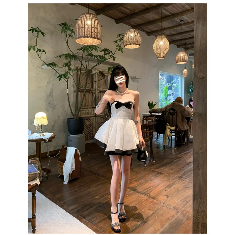 White Dress Womens Dress Sleeveless High End Exquisite Wave Point Skirt Fashion Patched Lace Bow Top Princess Fluffy Skirt Dress