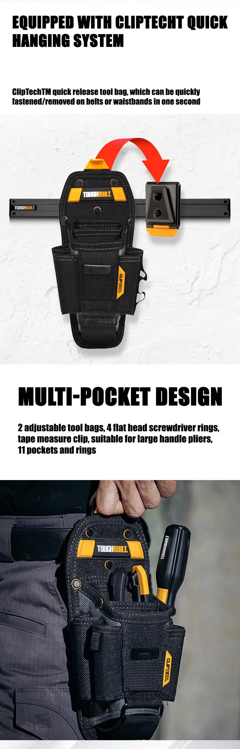TOUGHBUILT Techniker-Werkzeugtasche, Siebentaschen-Aufbewahrung, Schnellhängende Werkzeugtasche für Holzarbeiter und Elektriker TB-CT-36-L7/M7 – Detail 2