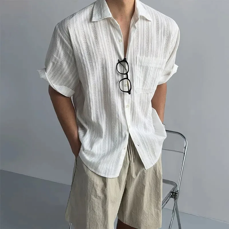 

Men's Hollow Striped Short Sleeve Shirt Casual Loose Breathable Button Down Blouse