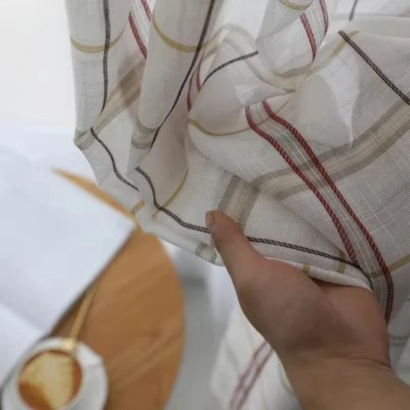 

Modern Linen Grid Sheer Curtain for Window Light Blocking Breathable Living Room Balcony Partition Translucent Sunshade Design