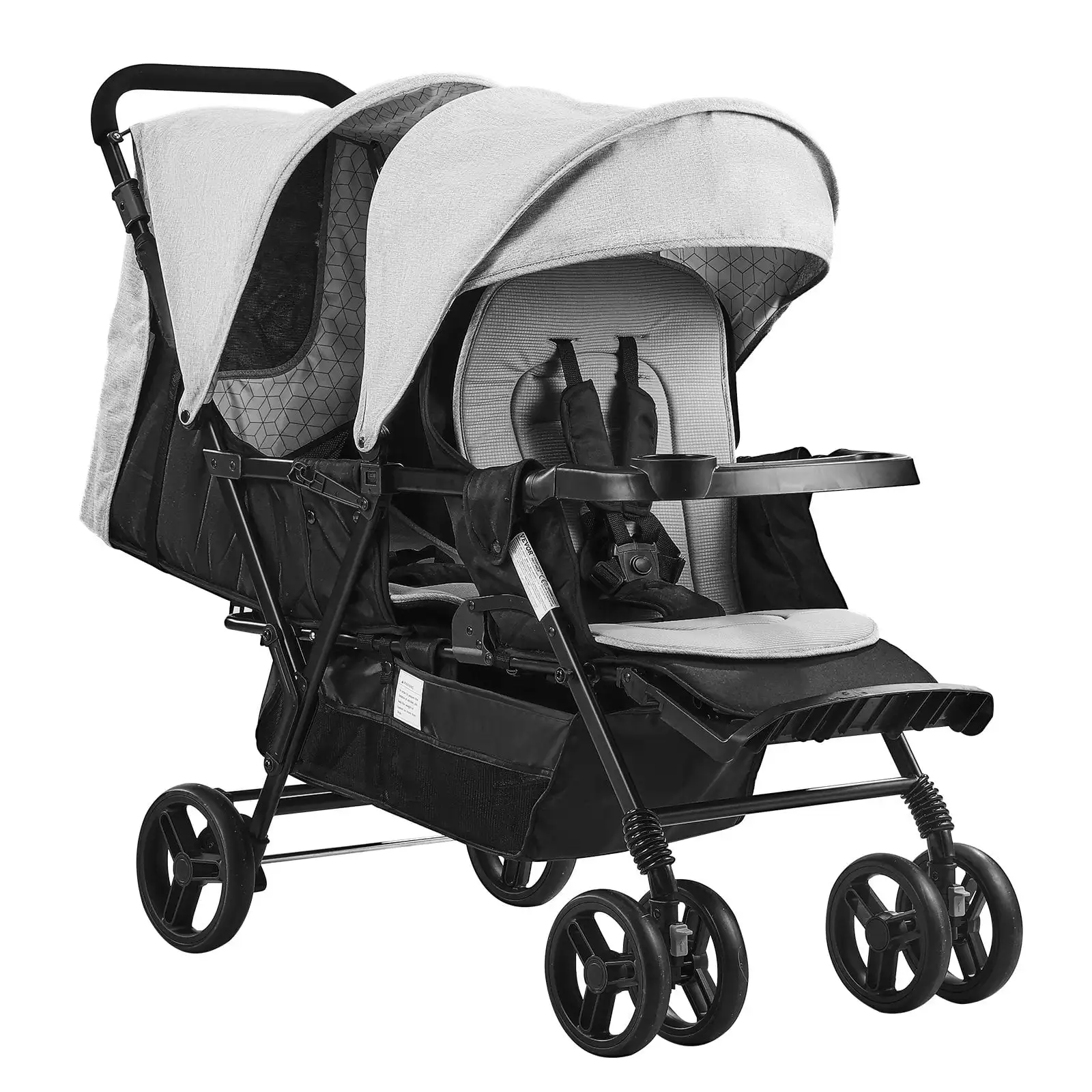 Double Stroller, Foldable Lightweight Twin Tandem Stroller, Light Gray