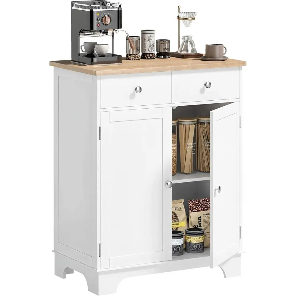 

Elegant Solid Wood Countertop Sideboard, Modern Kitchen Storage Cabinet, Coffee Bar with 2 Drawers, Adjustable Shelves, White