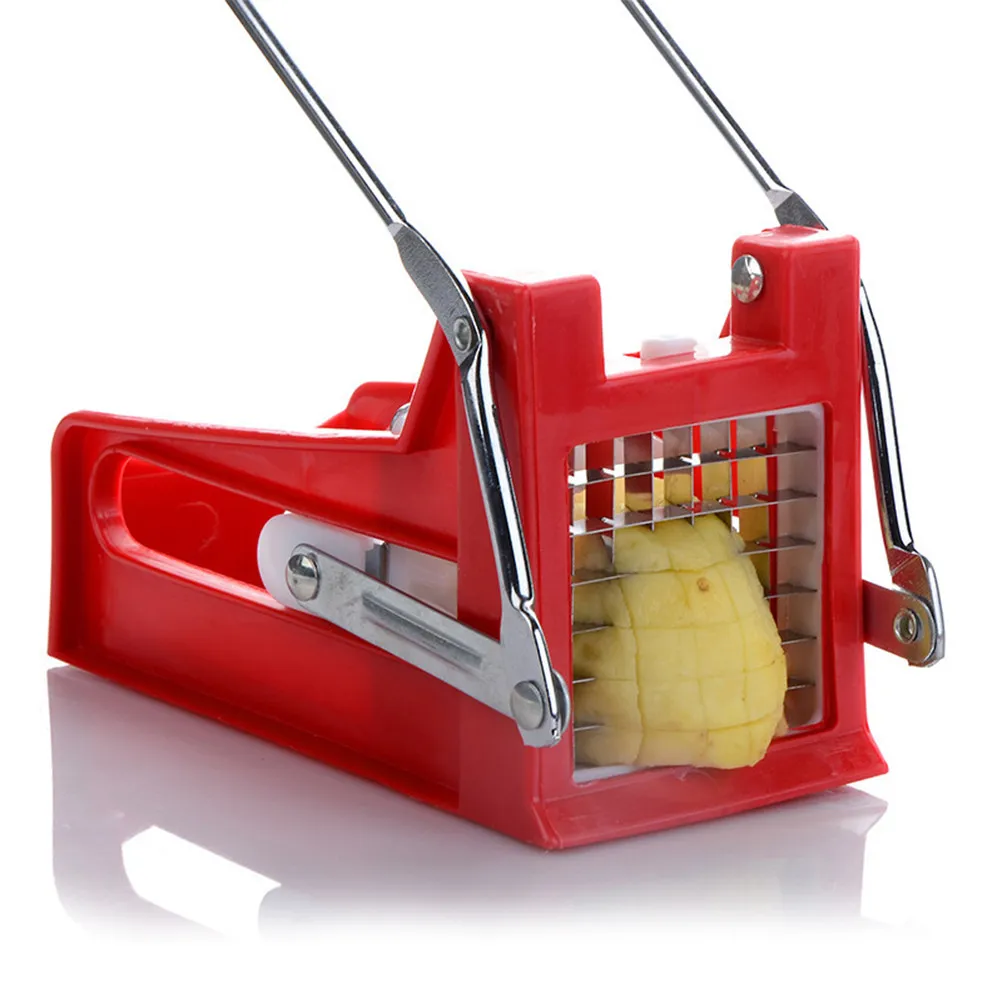 Household Stainless Steel Potato Slicer Red Hand Push Design Easy Use French Fry Cutter Vegetable Chopper Potato Chipper for Bbq