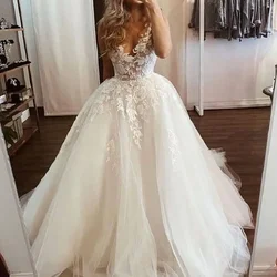 Elegant Ivory White Trailed V-Neck Beach Bridal Gown Tulle Spaghetti Strap Lace Applique Floor-Length Princess Party Dress
