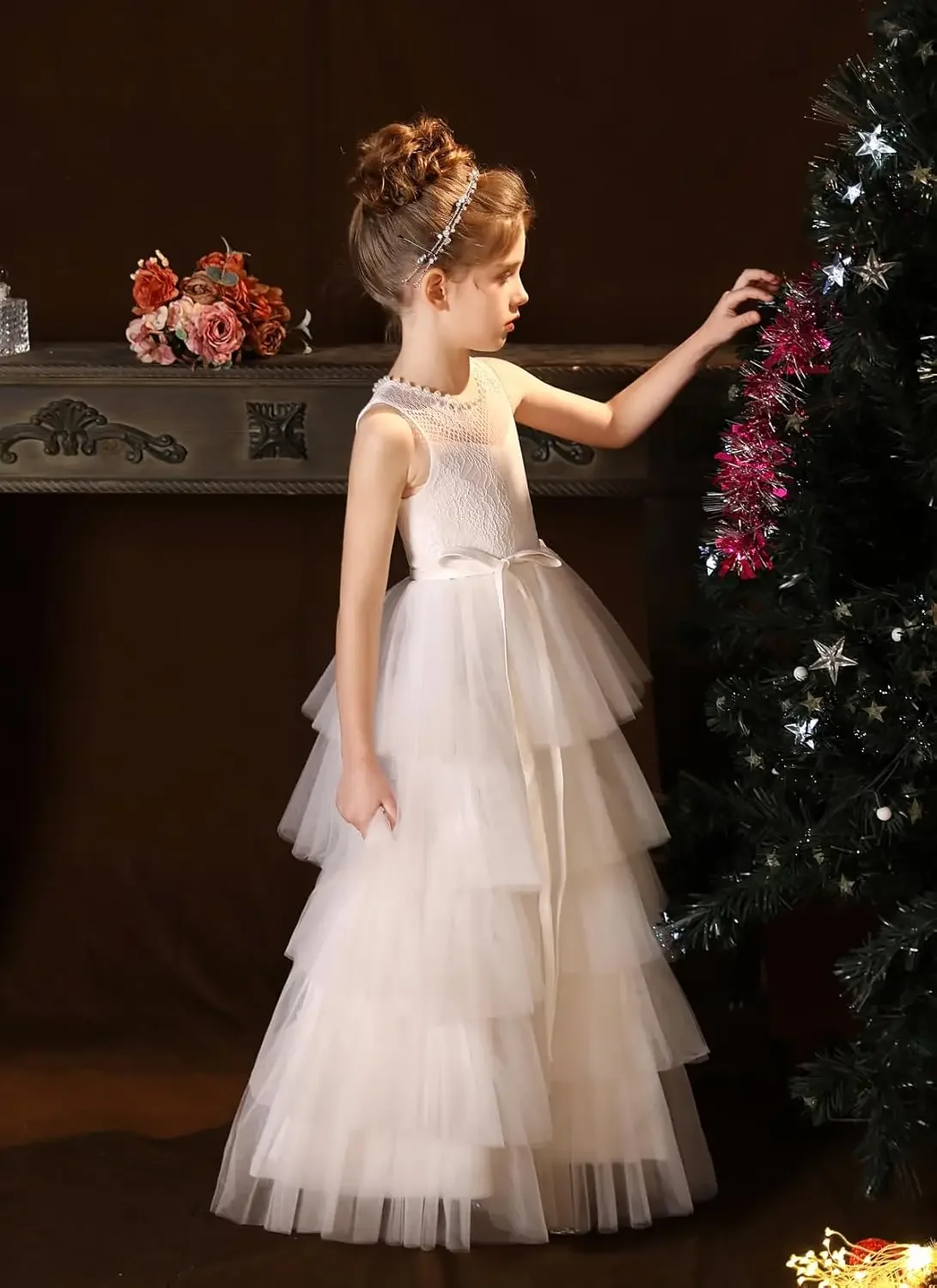 Gaun Pesta Pesta Gaun Gadis Bunga Tulle untuk Pernikahan Renda Gaun Komuni Pertama Gaun Pesta Kontes Berlapis untuk Anak Perempuan