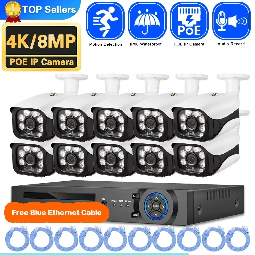 

8MP IP Security Camera Audio AI Motion Detection System POE NVR CCTV Day Night Vision Outdoor Home Video Surveillance Camera kit