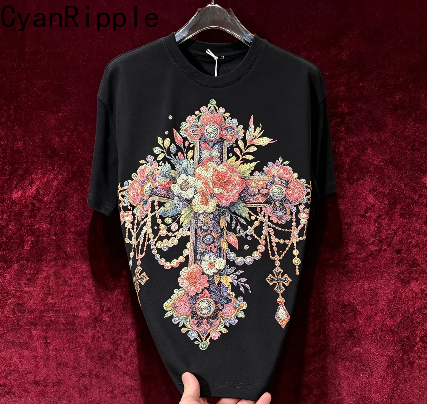 Handsome Streetwear Summer Short Sleeve T-shirt All-match Round Neck Trendy Male Loose Pullover Top Luxury Diamonds Cotton Tees