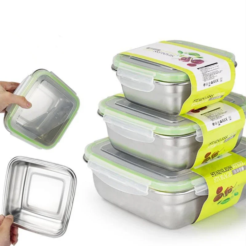 304 Stainless Steel Lunch Box with Lid Fresh-keeping Box Sealed Fruit LeakProof Container Bento Refrigerated Storage Kitchenware