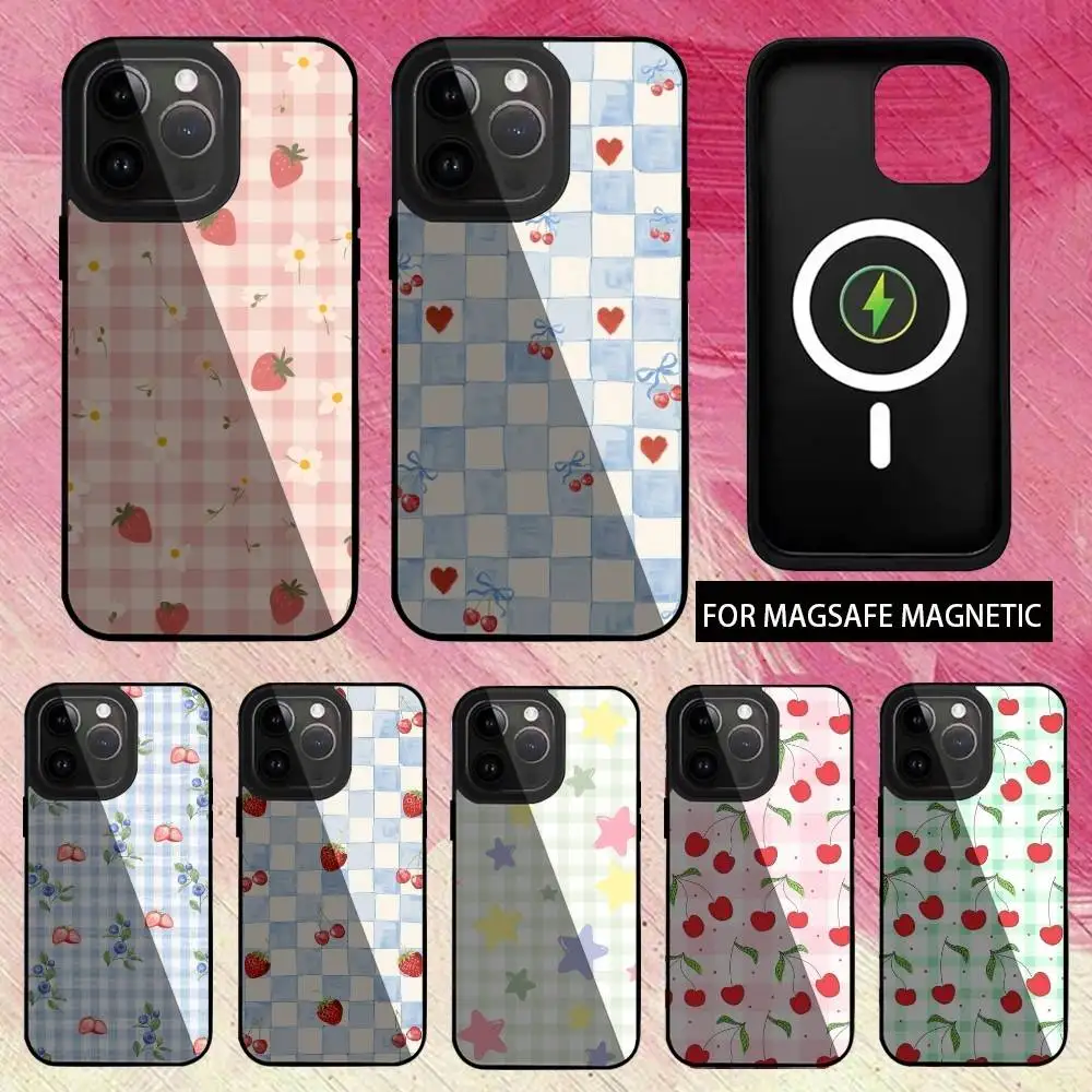 

Checkered fruits Phone Case For iPhone17,16,15,14,13,12,11 Plus,Pro Max Magnetic Magsafe Wireless Charging
