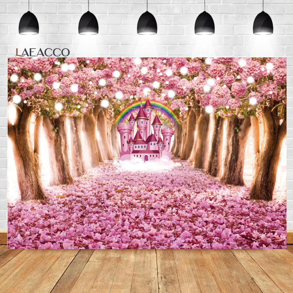 Laeacco-خلفية للتصوير الفوتوغرافي لحديثي الولادة ، خلفية مطبوعة على شكل قلعة ، زهور وردية ، غابة بحرية ، تصوير للأطفال