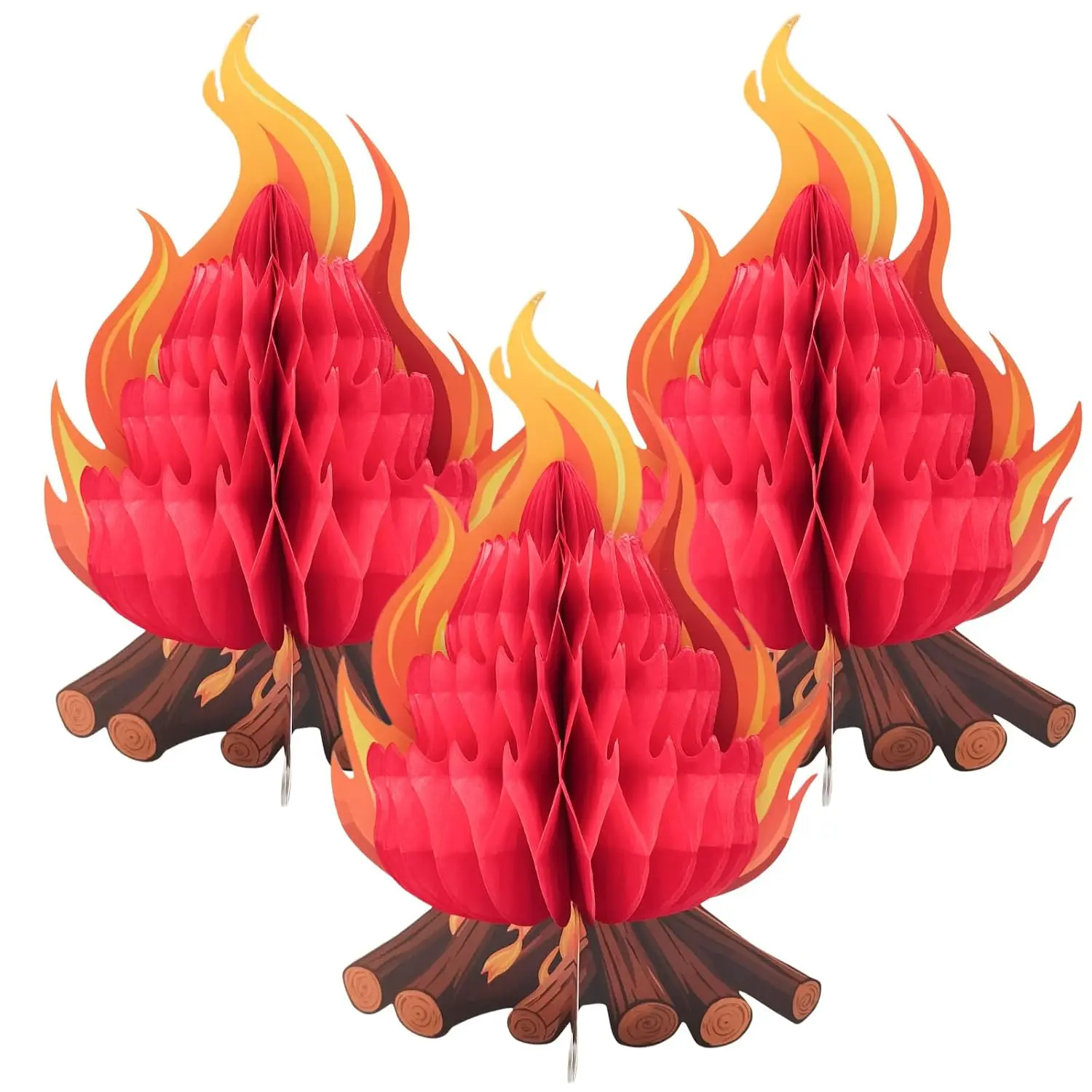 3 Pack Artificial Fire Flame Honeycomb Centerpieces Camping Party Decor Paper Campfire Indoor Outdoor Birthday Halloween Xmas
