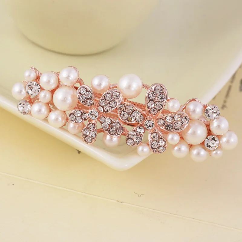 Small Butterfly Rhinestone Pearl Hair Clip Gold Alloy Spring Clamp for Daily Use Lightweight Non Slip Cute