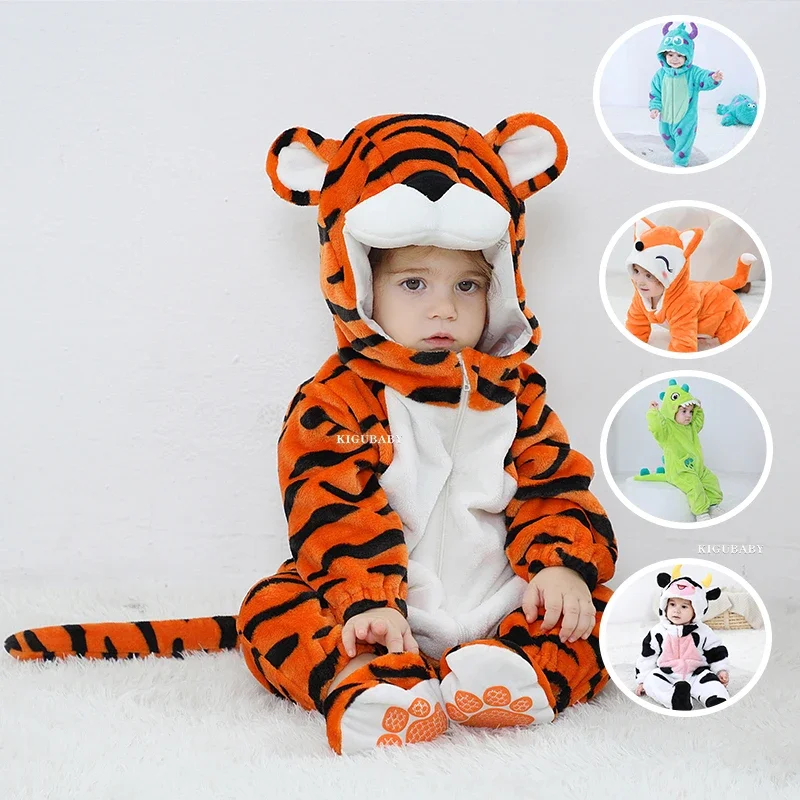 

Animal Tiger Baby Girls Clothes Romper Lovely Infant Baby Onesie Bodysuit Cartoon Newborn Zipper Hooded Flannel Jumpsuits