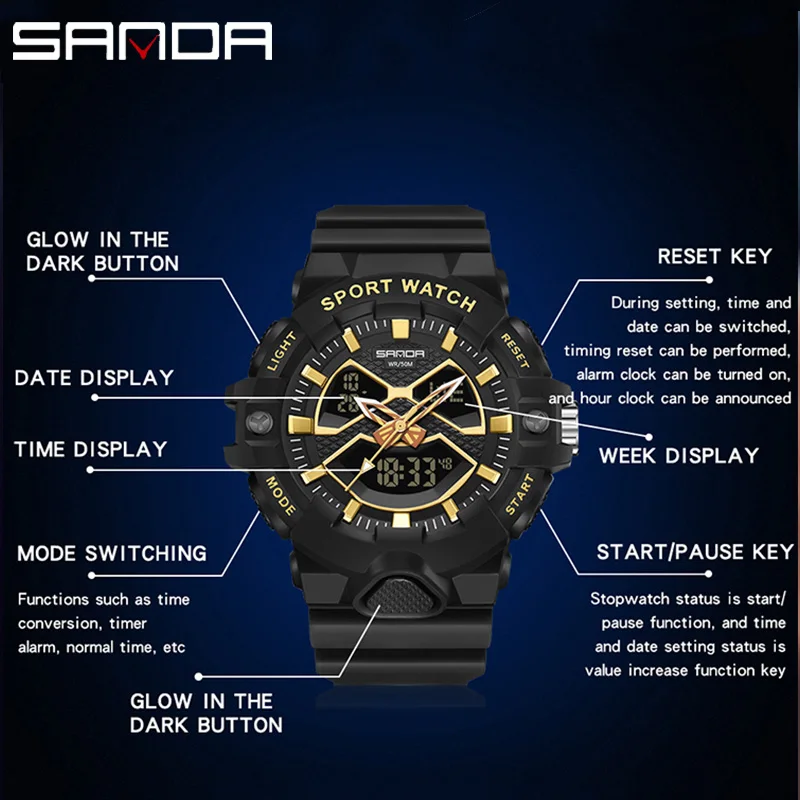 ساعة يد رجالية ساندا ، 50 متر ، مقاومة للماء ، عسكرية ، رياضية ، شاشة مزدوجة ، كوارتز ، ساعة رقمية ليد