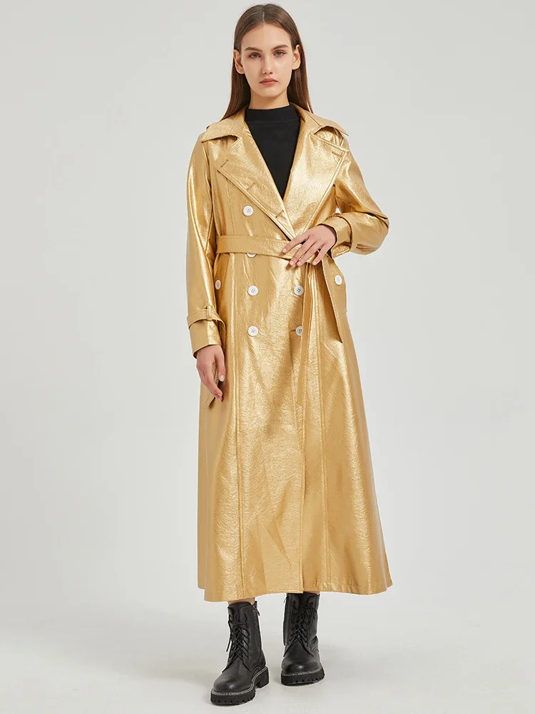 Lautaro Spring Autumn Extra Long Gold Shiny Pu Leather Trench Coat for Women Sashes Double Breasted Luxury Europe Fashion 2024