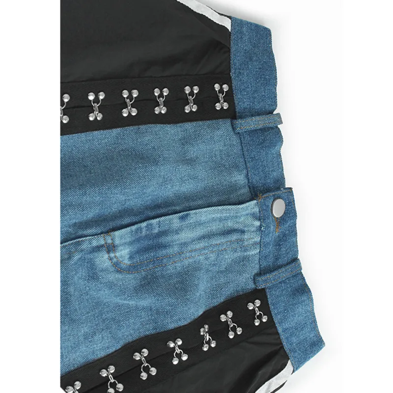 [Vibe] High Elastic Waist Skirt Blue Denim Jeans Color-block Rivet Long A-line Half-body Skirt For Women New Spring Autumn 2025