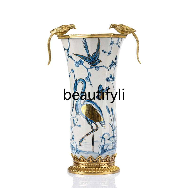 Decorative ornaments Flower and bird hand-painted vase Home living room Ceramic with copper Creative entrance Crafts