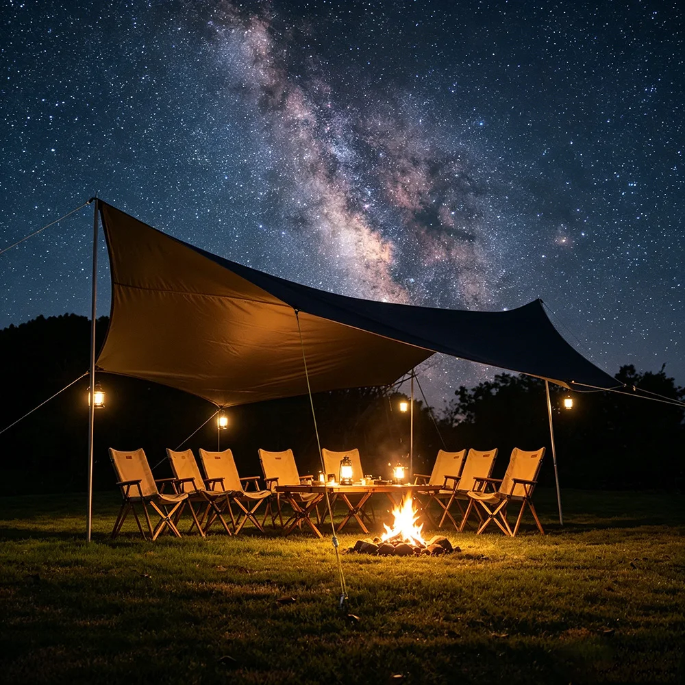 Große achteckige Campingplane 5,1x5,1m, silberbeschichtet, wasserdicht, Sonnenschutz (mit 2,8m Stangenset / 17x17ft Planenmaterial) – Detail 3