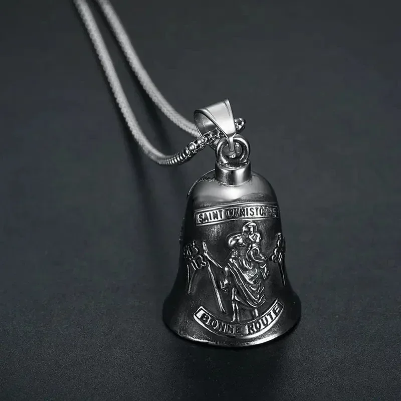 Vintage Christian Jesus Cross Bell Pendant Motorcycle Bell Necklace Punk Biker Religious Exorcist Lucky Jewelry for Men\'s