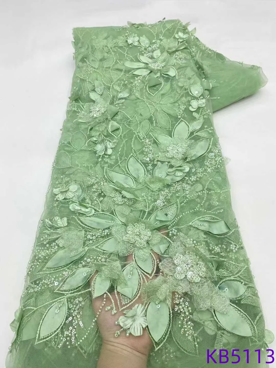 5 ياردة الوردي الأفريقي ثلاثية الأبعاد زهرة الخرز أقمشة الدانتيل النيجيري السماء الزرقاء تسلسل تول الدانتيل الخرز لفستان حفل الزفاف KB5113