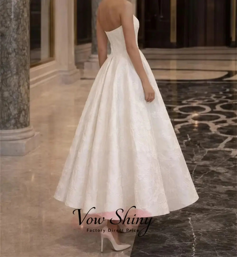 Vow Shiny Elegant Strapless Wedding Dresses For Woman Satin Jacquard A-Line Midi Bridal Gown Customized Civil Wedding Dress