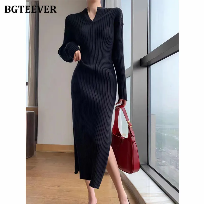 BGTEEVER Stylish V-neck Slim Knitted Package Hip Dress Women Long Sleeve Split Female Bodycon Sweater Dress Autumn Winter