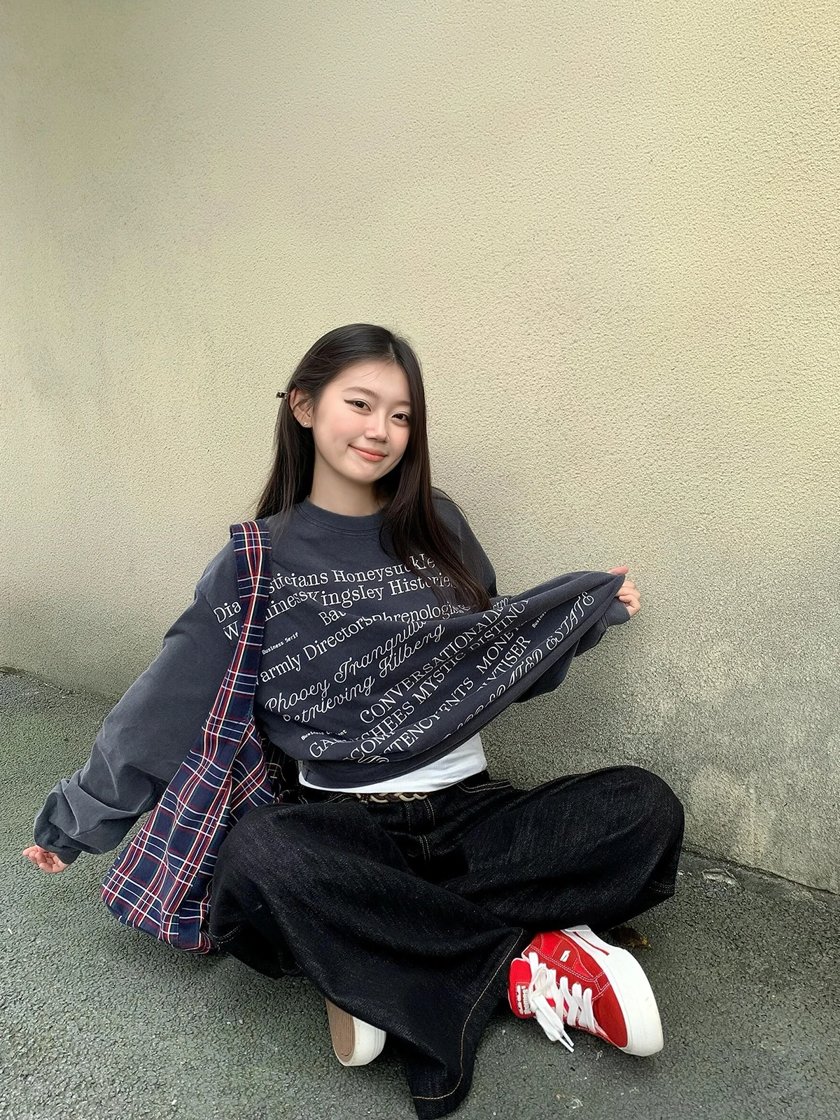 Sakura Cotton Long Sleeve T-Shirt Women's Vintage Washed Cotton Casual Letter Print Loose Fit Versatile Comfortable Top