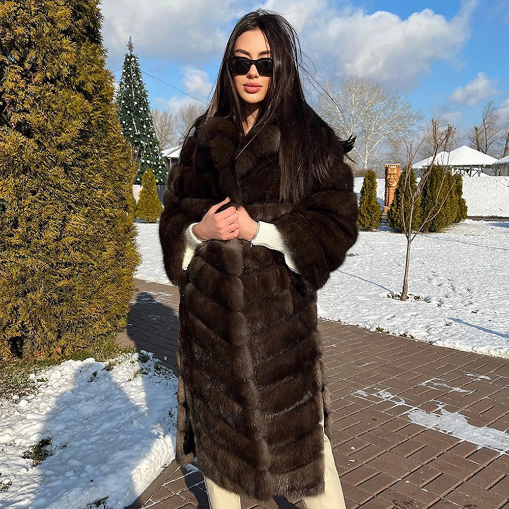 Fashion Long Real Fox Fur Coat Dark Sable Color Full Pelt Genuine Fox Fur Jacket with Lapel Colla Winter Woman Thick Fur Outwear