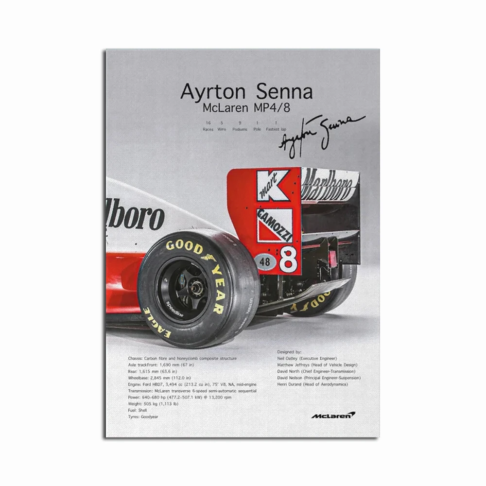 Ayrton Senna Poster MP4/8 1993 Formula 1 Car Canvas Prints Painting Modern Racing Wall Art Picture for Living Room Decor