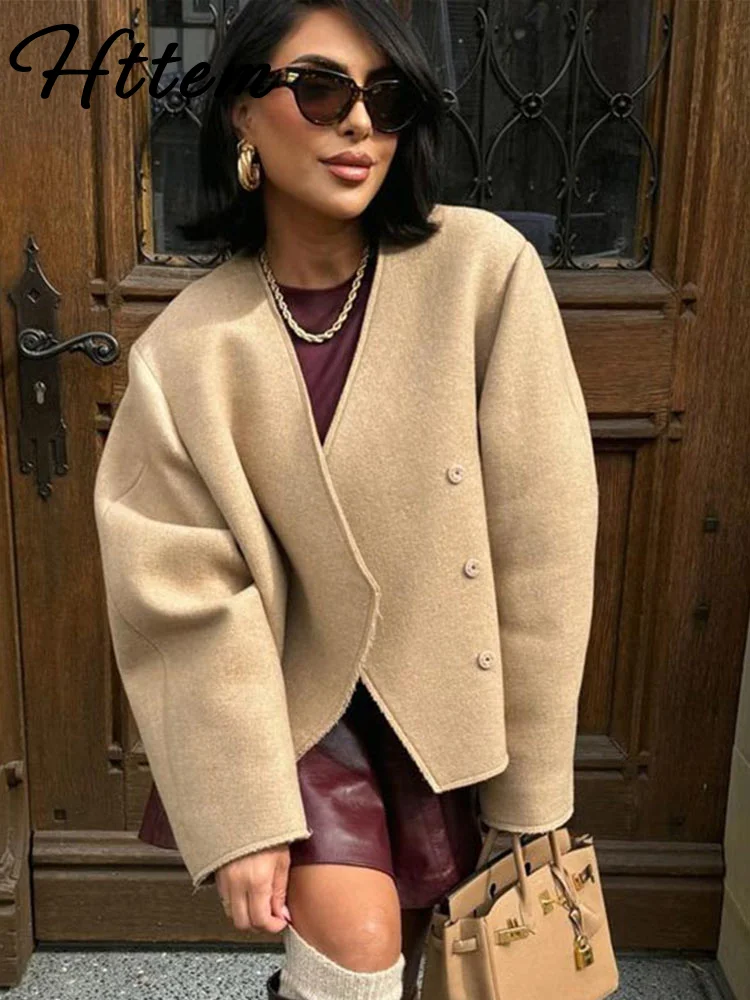

Элегантное однотонное шерстяное пальто, женское свободное однобортное короткое пальто с v-образным вырезом и длинными рукавами, осень-зима 202, женская уличная верхняя одежда