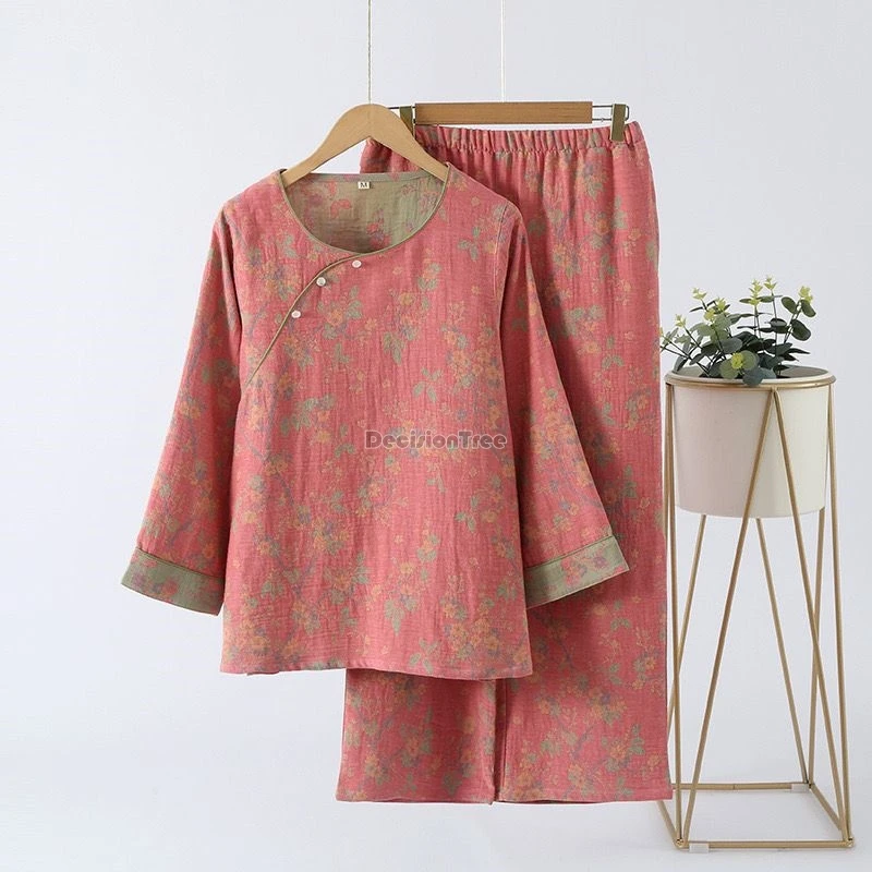 

2024 pure cotton yarn-dyed jacquard double layer yarn chinese ancient elegant style pajamas printed women's daily home wear w459